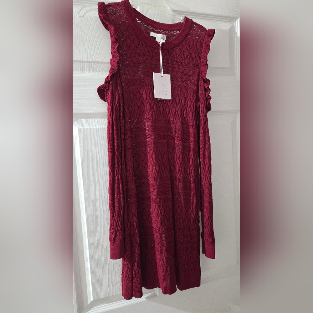 Womens Lauren Conrad Pointelle Cold-Shoulder burgundy red Sweater size S